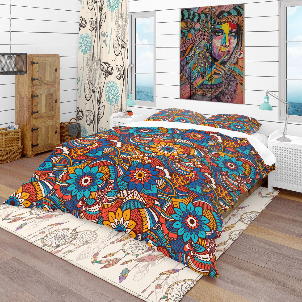 Designart 'Hand Drawn Pattern with Floral Elements' Bohemian & Eclectic Bedding Set - Duvet Cover & Shams